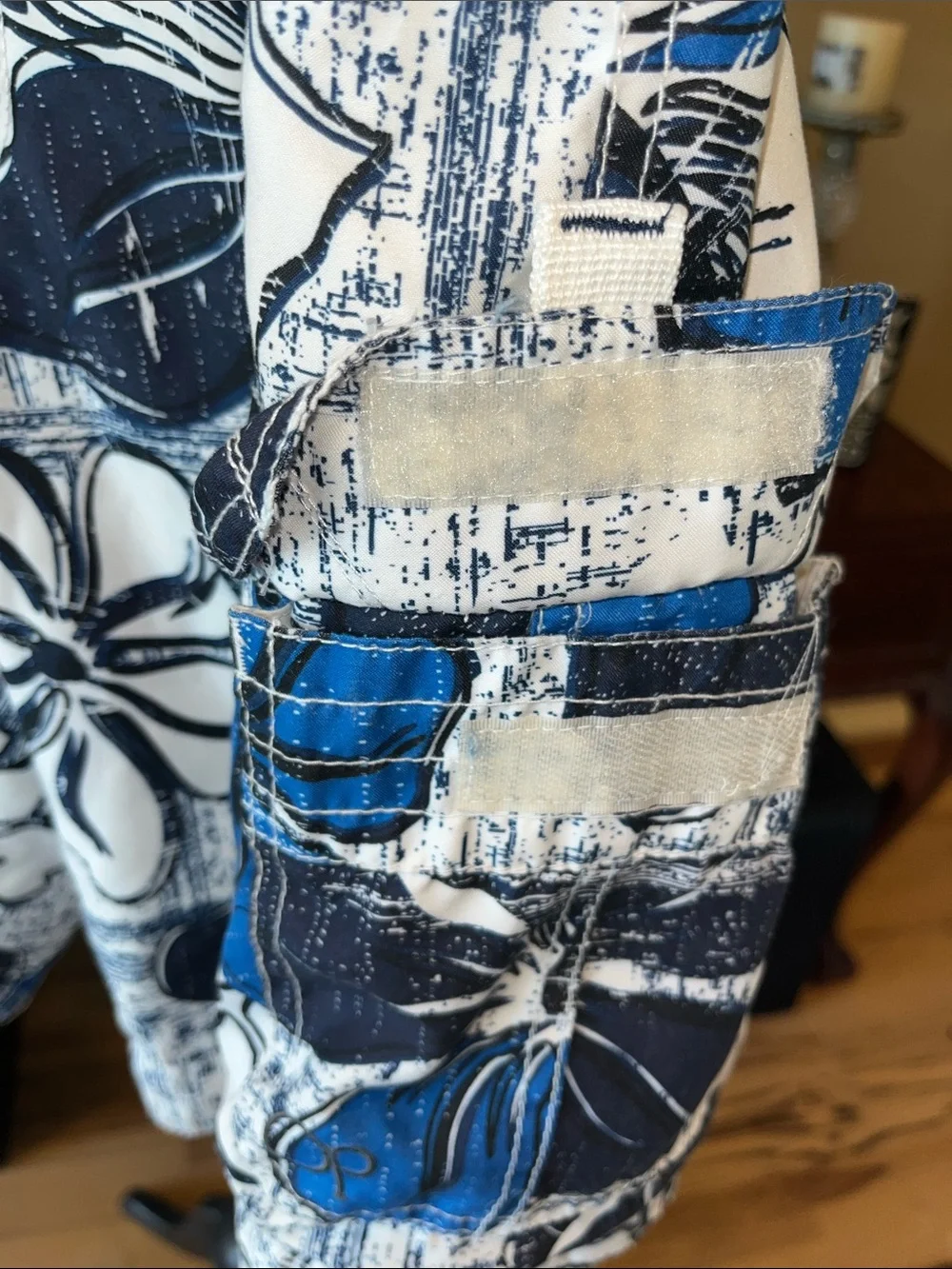 Retro White with Bold Blue Tropical Print Cargo Men’s Swim Trunks Lined